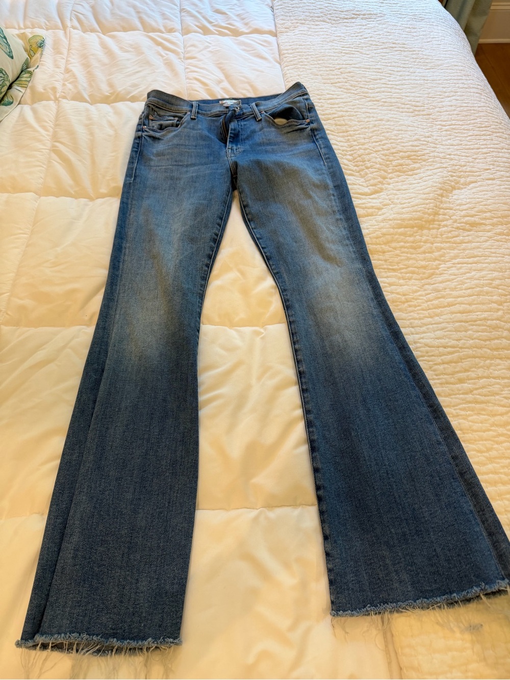 MOTHER Blue Wide-Leg Flare Jeans with Raw Hem